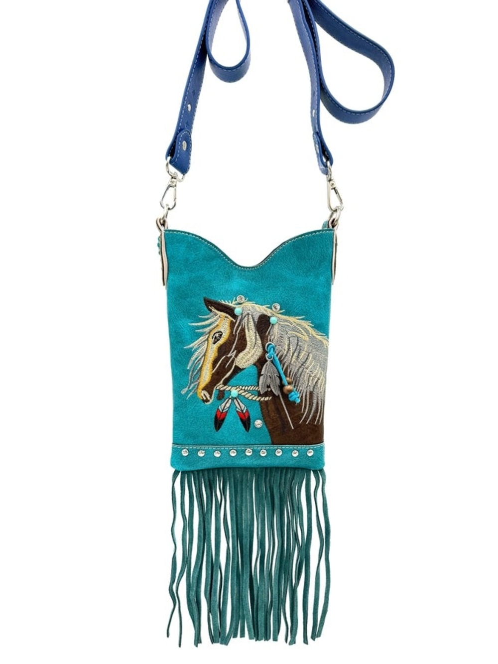 Turquoise Horse Embroidered Fringe Crossbody Bag